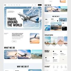 an airplane landing page is shown with multiple images and captions on the bottom right side