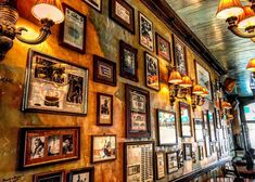 a wall with many framed pictures on it and lamps hanging from the ceiling above them