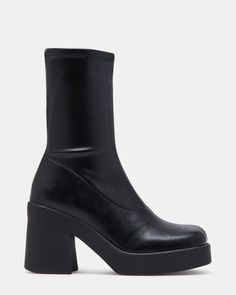 KLAYTON Black Platform Ankle Boot | Women's Booties Trendy High Cut Heeled Boots For Winter, Trendy High-cut Winter Platform Boots, Trendy Black High Cut Platform Boots, Trendy High Cut Boots For Fall, Trendy Black Mid-calf Platform Boots, Fall Mid-calf Chunky Platform Boots For Streetwear, Trendy Black Mid-calf Heeled Boots, Black High Cut Platform Boots For Fall, Black High-cut Platform Boots For Fall