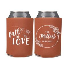 two brown can coolers with the words fall in love and leaves on each one