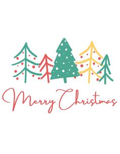 a merry christmas card with trees and snowflakes on the bottom in red, green, yellow and blue