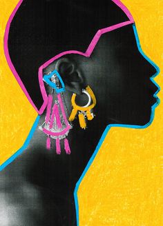 a drawing of a woman's profile with earrings on her ear and the silhouette of a head