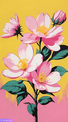 three pink flowers with green leaves on a yellow and pink background, painted in acrylic paint