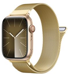 an apple watch with gold mesh band