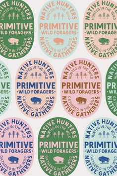 six circular badges with different types of animals and slogans on them, all in various colors