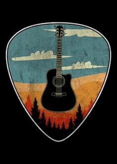 an acoustic guitar picker with the image of trees and clouds on it, against a black background