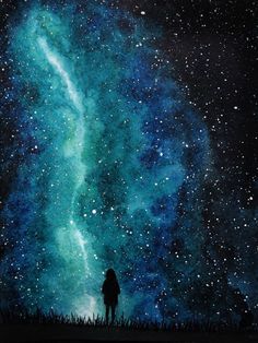 a painting of a person standing in front of a star filled sky with green and blue colors