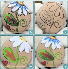 four pictures of painted rocks with flowers on them