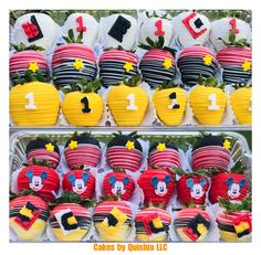 mickey mouse cupcakes are on display for sale