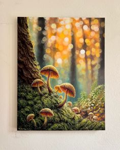 a painting of mushrooms growing on the side of a tree in a forest with bright lights