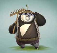 a cartoon panda holding a bamboo stick and wearing a brown outfit with fur on it's head