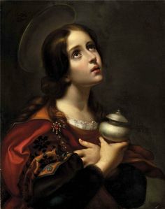 a painting of a woman holding a teapot and looking up at the sky with her eyes closed