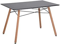 a black table with two wooden legs and a gray top on an isolated white background