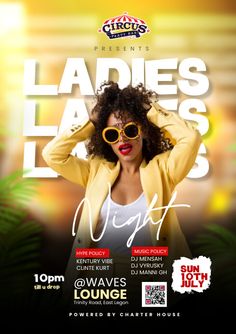 the ladies's night flyer with an image of a woman wearing sunglasses and holding her hair