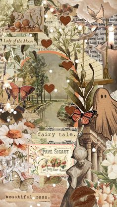 an altered collage with lots of different things in the background, including flowers and butterflies