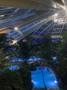 an indoor swimming pool surrounded by trees and plants