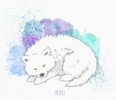 a drawing of a white dog sleeping on top of a blue and purple watercolor spot