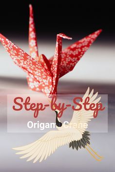 an origami crane flying with the words step - by - step written below it