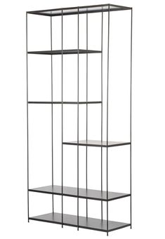 an iron shelf with three shelves on each side and one shelf below it, against a white background