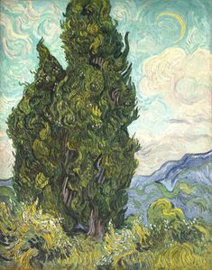 a painting of a tree in the middle of a field with mountains and clouds behind it