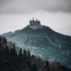 a castle sitting on top of a mountain covered in foggy clouds and trees,