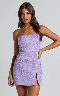 Brailey Mini Dress - Strapless Dress in Purple Jacquard | Showpo USA Purple Floral Mini Dress, Pastel Cocktail Dress, Mini Wedding Guest Dress, Mini Purple Dress, Short Purple Dresses, Short Purple Dress, Purple Hoco Dress, Spring Formal Dresses Short, Purple Hoco Dresses