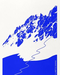 a blue and white poster with mountains in the background