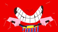 a drawing of a smiling face with teeth and hands holding a drum on a red background