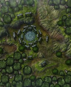 an aerial view of a circular structure in the middle of a field with trees around it