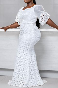 White White Lace Gown, Looks Party, Party Kleidung, Long White Dress, Half Sleeve Dresses, Straight Dress