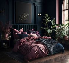 a bedroom with dark blue walls and wooden flooring is furnished with pink bedding