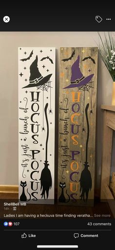 two wooden signs with witches on them