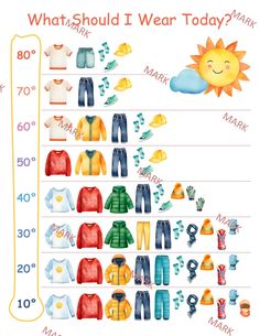 What I Should Wear Today? Weather Dressing Chart helps children decide what to wear according to outside temperatures. Choose between Celsius & Fahrenheit Choose the between 2 different temperature scales High quality images Letter sized PDF 4 Pages Any questions or requests, feel free to contact me! Kindergarten Readiness Checklist, Weather Temperature, Road Trip Kit, Temperature Chart, Weather Chart, Weather Print, Toddler Homeschool, Kindergarten Readiness, Todays Weather