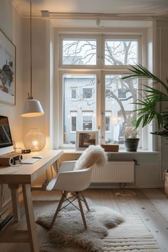 a room with a desk, chair and window