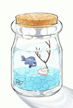 a glass jar filled with water and fish