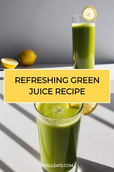 Refreshing green juice in a tall glass garnished with a lemon slice.