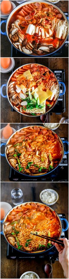 Korean army stew (Budae Jjigae) is a Korean fusion hot pot dish loaded with Kimchi, spam, sausages, mushrooms, instant ramen noodles and cheese. The soup is so comforting and addictive! | MyKoreanKitchen.com Korean Army Stew, Noodles And Cheese, Korean Army, Pho Soup, Instant Ramen