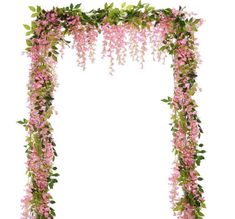 a pink flowered arch with green leaves and flowers on the top, in front of a white background