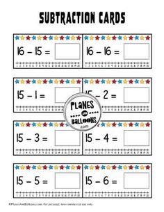 worksheet for subtraction cards with numbers and stars