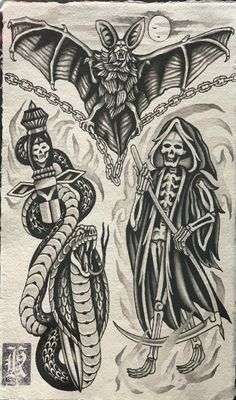 a drawing of two skeletons and a bat