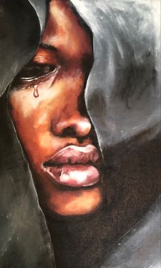 a painting of a woman's face with the hood up and her eyes closed