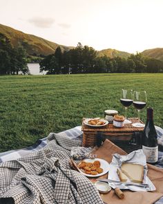 two glasses of wine are sitting on a picnic blanket with cheese and crackers in the foreground