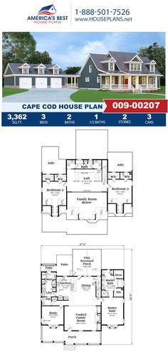 two story house plan with three car garages and an open floor plan for the first level