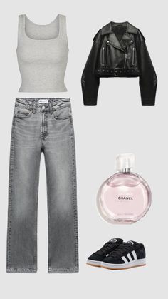 a woman's outfit including jeans, crop top and leather jacket is shown in this image