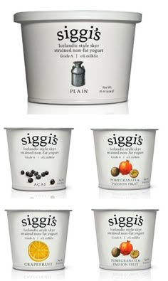 six yogurts are shown in four different flavors, each with their own toppings