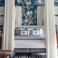 a canopy bed with blue and white wallpaper in a hotel room or bedroom area