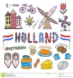 the word holland surrounded by hand drawn images and symbols in doodle style, including