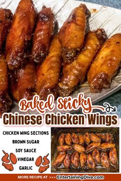 an advertisement for baked sticky chinese chicken wings