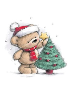 a teddy bear holding a star next to a christmas tree with snow falling on it