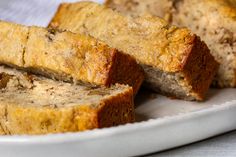 slices of banana bread on a white plate